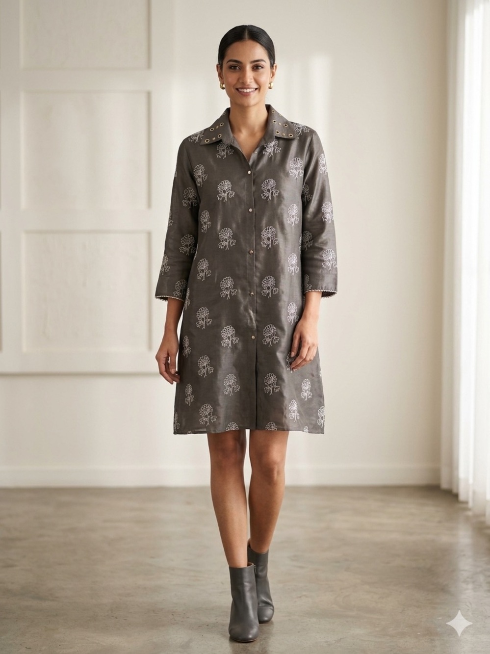 Made in Italy Gray Button-Front Printed Shirt Dress size 44